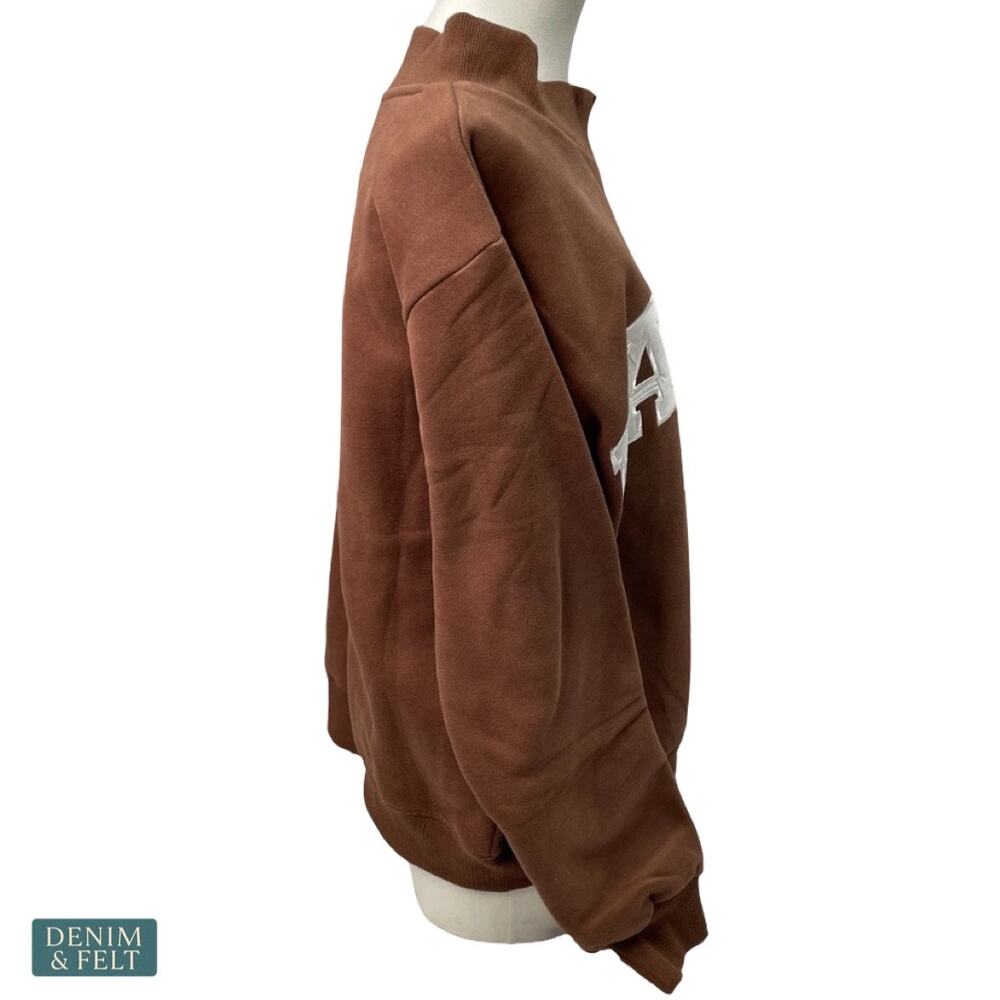 NEW Parke Varsity Mockneck Sweatshirt Brown Oversized Fleece Cozy Lounge Viral - Picture 8 of 16